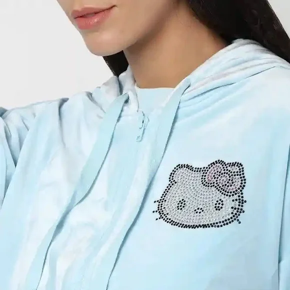 forever21 Light blue velour Hello Kitty zip up hoodie medium rhinestone sparkly - Picture 3 of 11